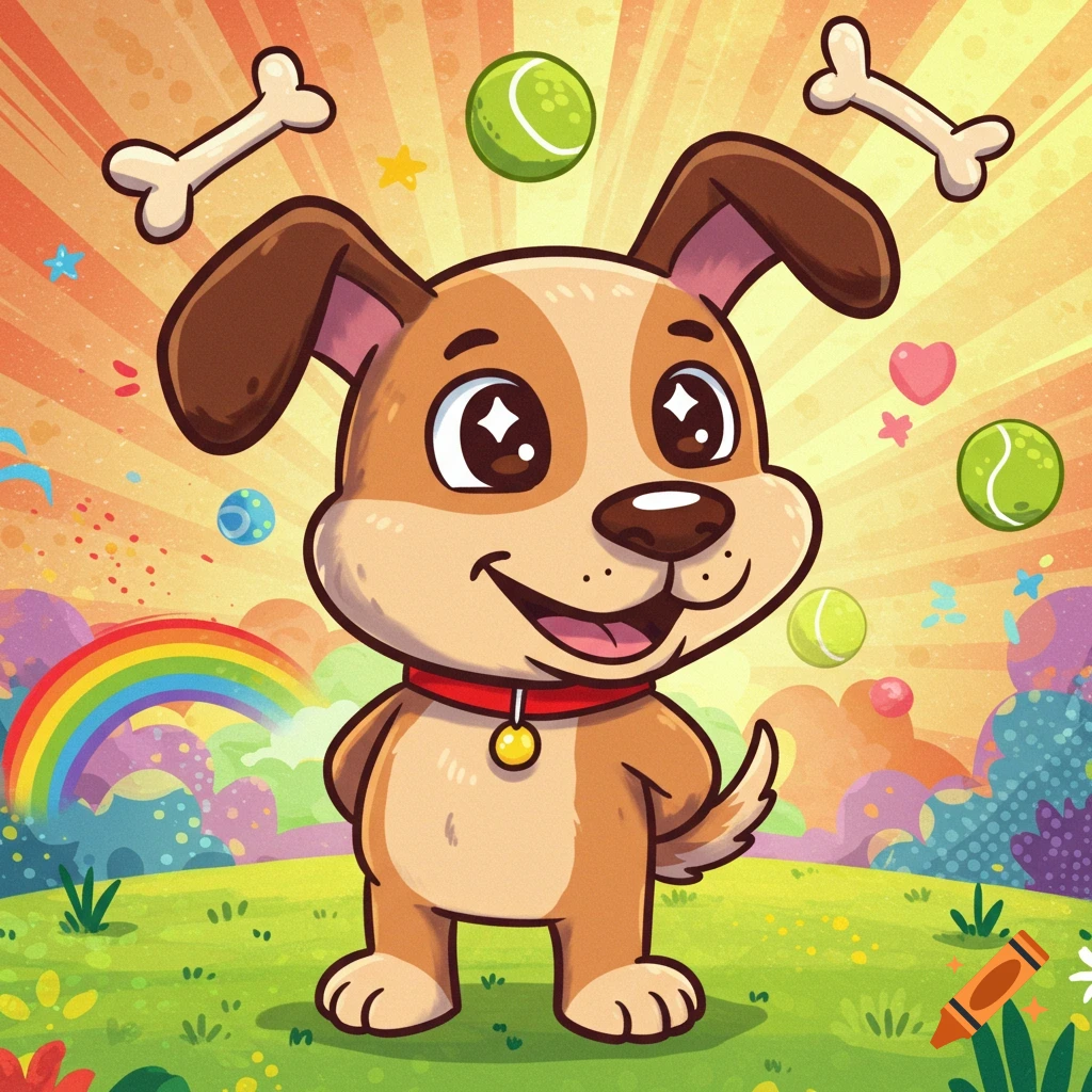 A happy cartoon dog with sparkly eyes and a red collar stands in a colorful field with a rainbow, bones, and tennis balls.