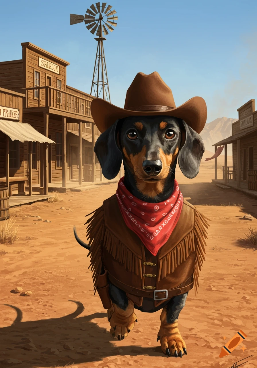 A cute dachshund dog dressed as a cowboy, wearing a hat and fringed vest, stands in the dusty street of an old Western town.