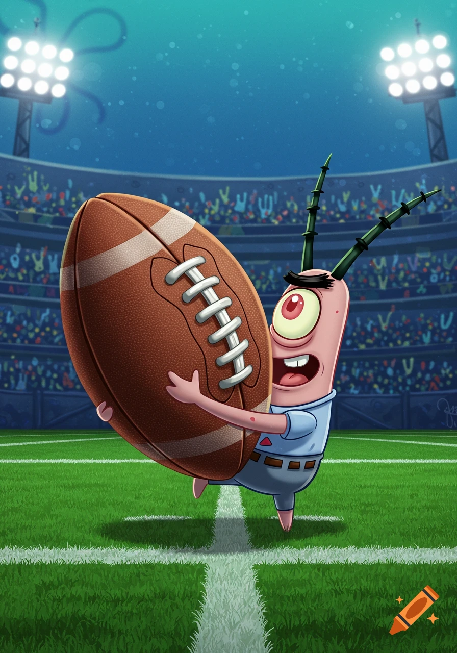 Cartoon character Plankton from Spongebob Squarepants, wearing a light blue shirt, holding a giant American football on a green field in a stadium.