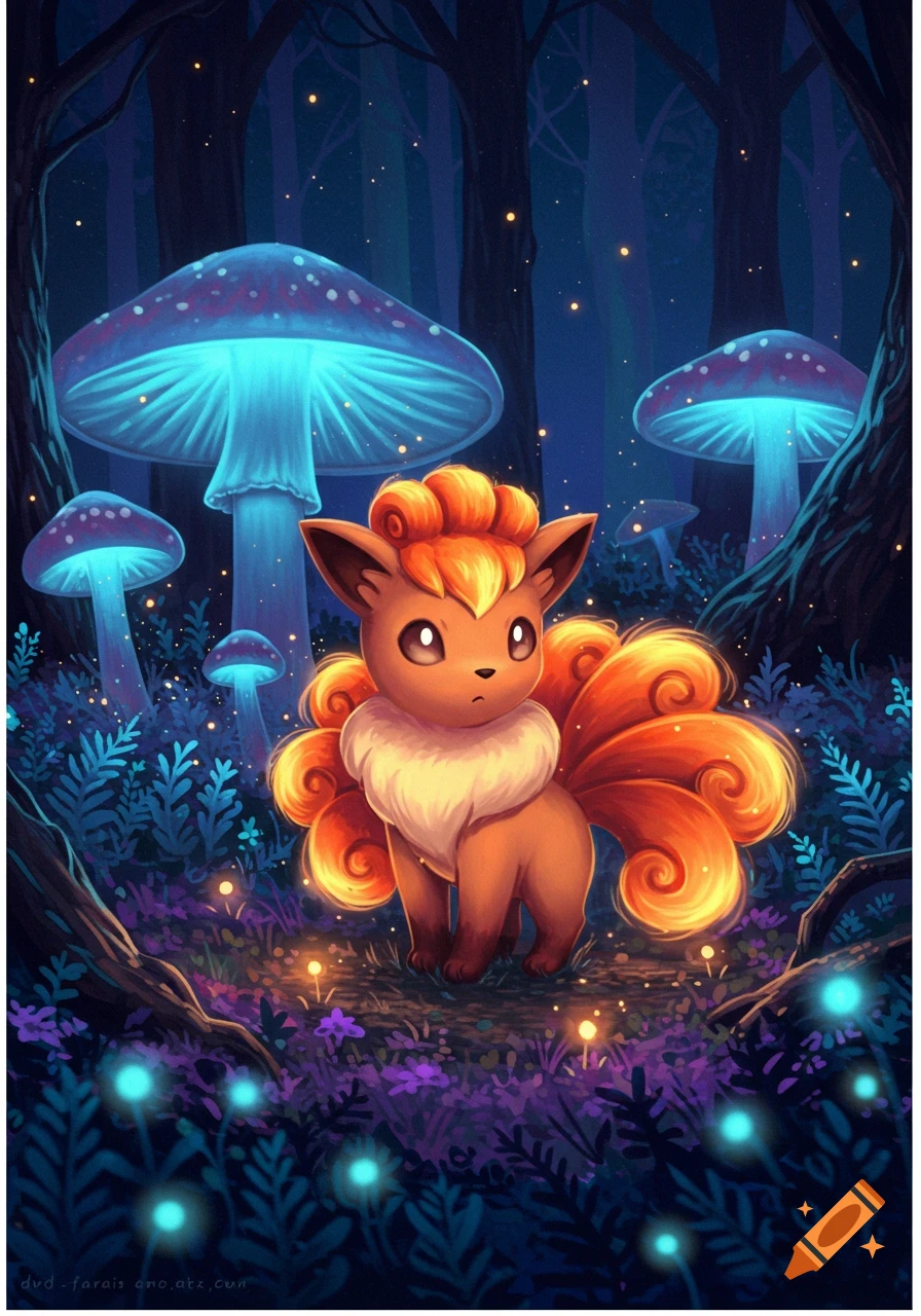A cute Vulpix with nine curled tails stands in a magical blue and purple forest with glowing mushrooms and plants, in an illustrative style.