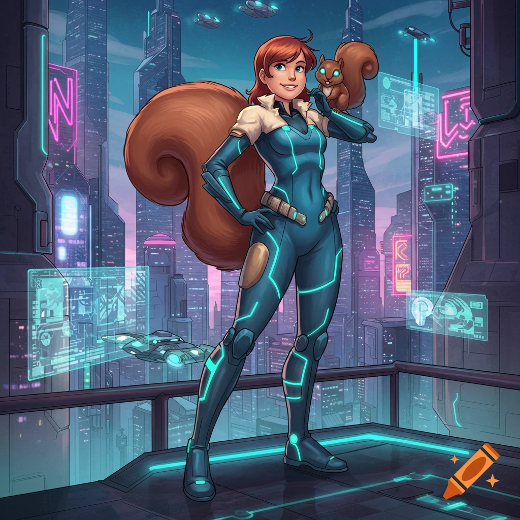 A smiling red-haired superhero in a blue and teal suit with a large bushy tail stands with a squirrel on her shoulder in a futuristic neon city.