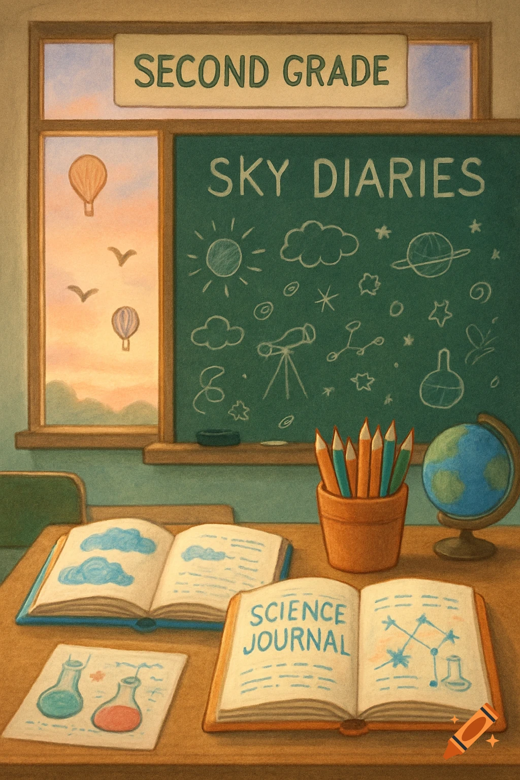 Whimsical illustration of a second-grade classroom with a 'Sky Diaries' chalkboard, 'Science Journal' books, and a window view of hot air balloons.