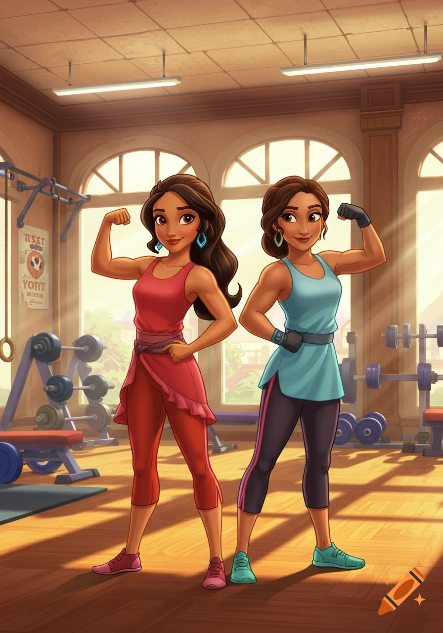 Two cartoon women in Disney Jr. style, with dark hair, flex their muscles in a sunlit gym.