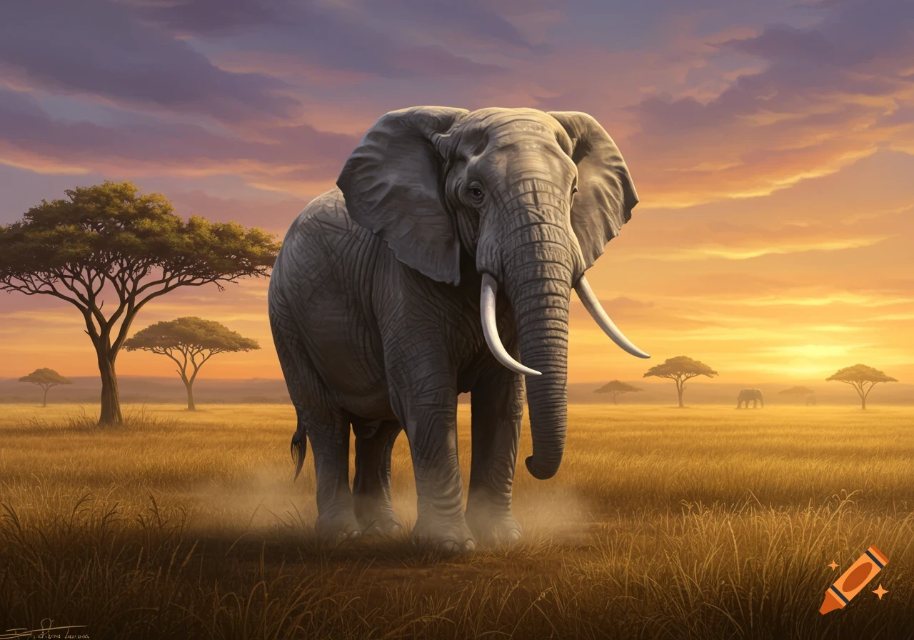 A majestic elephant stands in a golden savanna at sunset, with acacia trees under a vibrant sky.