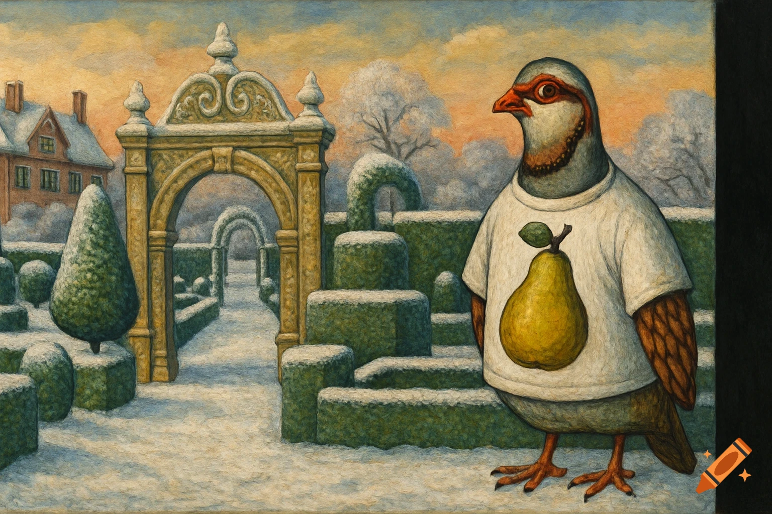 An oil painting of a partridge in a white t-shirt with a pear, standing in a snowy Elizabethan garden.