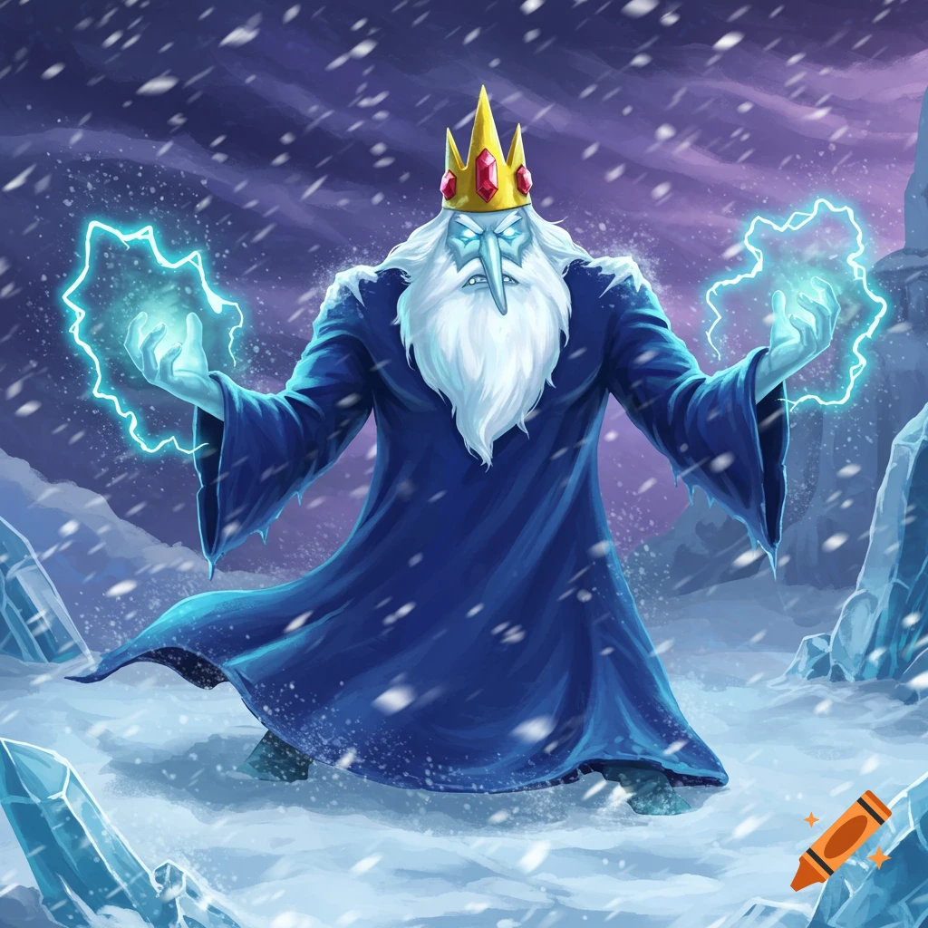 A buff Ice King from Adventure Time with a long white beard, wearing a crown and blue robes, casting blue lightning in a snowy, stormy landscape.