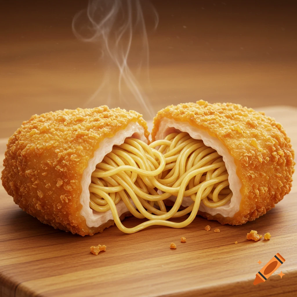 A golden-brown fried nugget, steaming and cut in half, revealing a filling of yellow noodles spilling out onto a wooden surface.