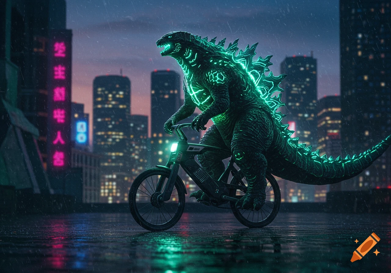 Godzilla with glowing green spines rides a bicycle on a wet city rooftop at night with neon lights and skyscrapers in the background, in a moody, realistic style.