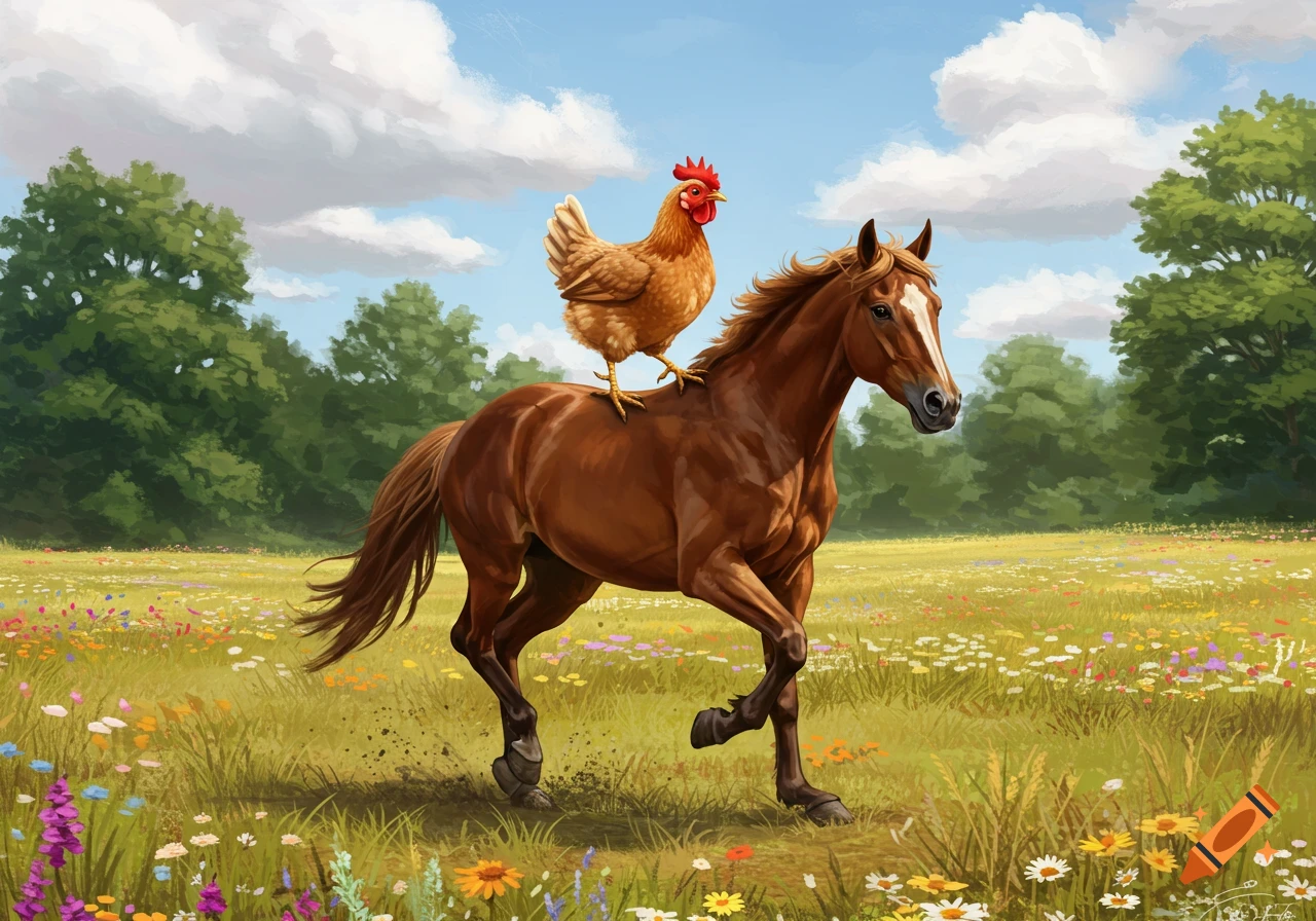 A brown horse with a chicken on its back trots through a vibrant, sunlit meadow filled with wildflowers and trees.