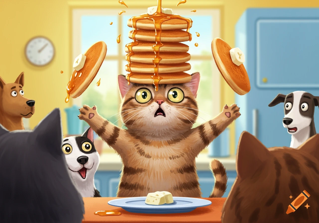 A surprised tabby cat balances a tall stack of pancakes on its head, surrounded by other cartoon dogs and cats in a kitchen.