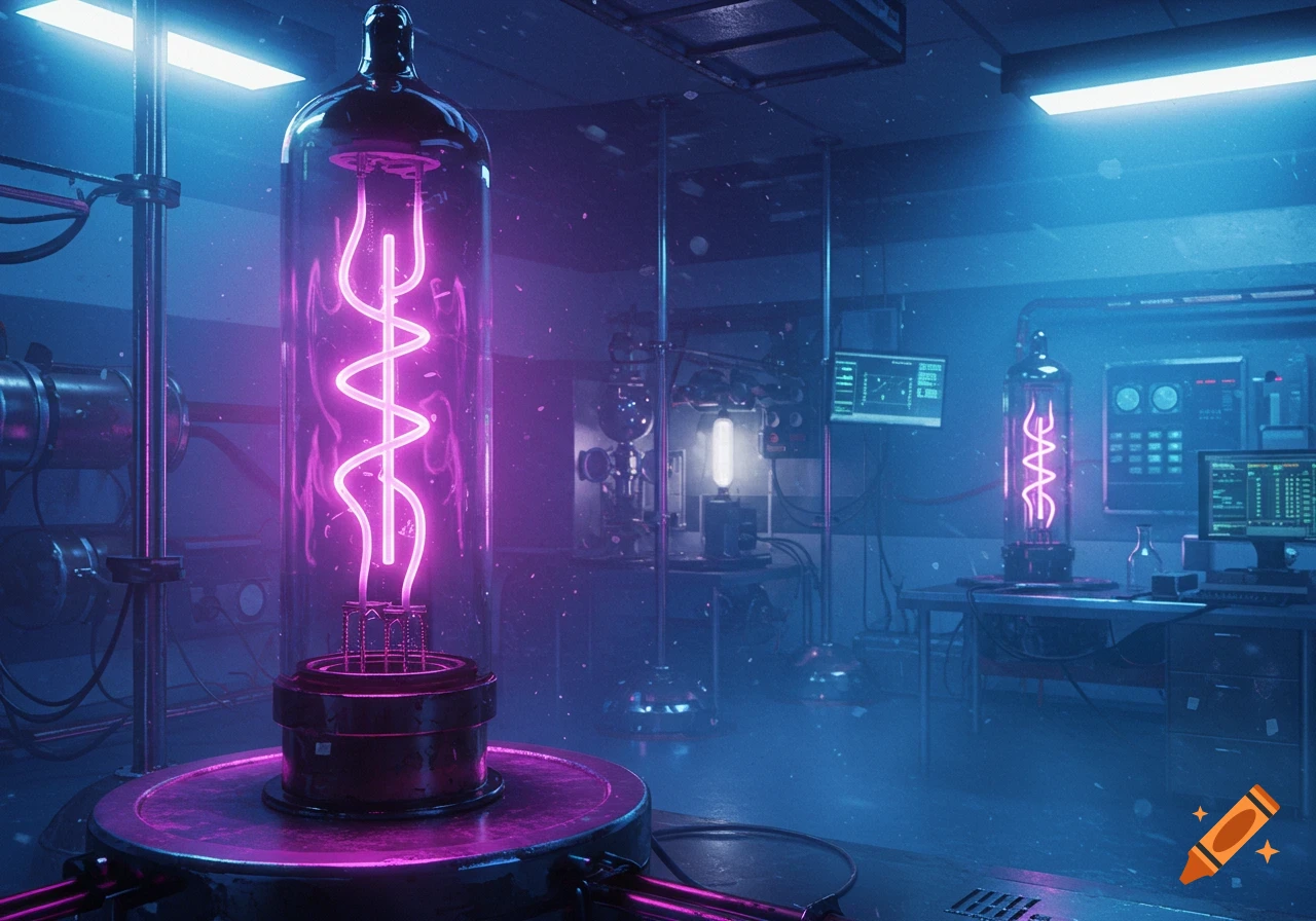 Futuristic science lab with a large glass tube containing a glowing pink double helix structure, surrounded by equipment and monitors.