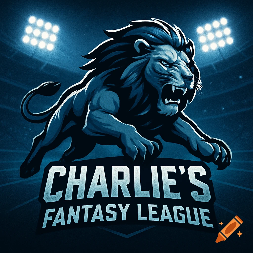 A stylized blue and black logo featuring a roaring lion in a football stadium with bright lights, above the text 'CHARLIE'S FANTASY LEAGUE'.