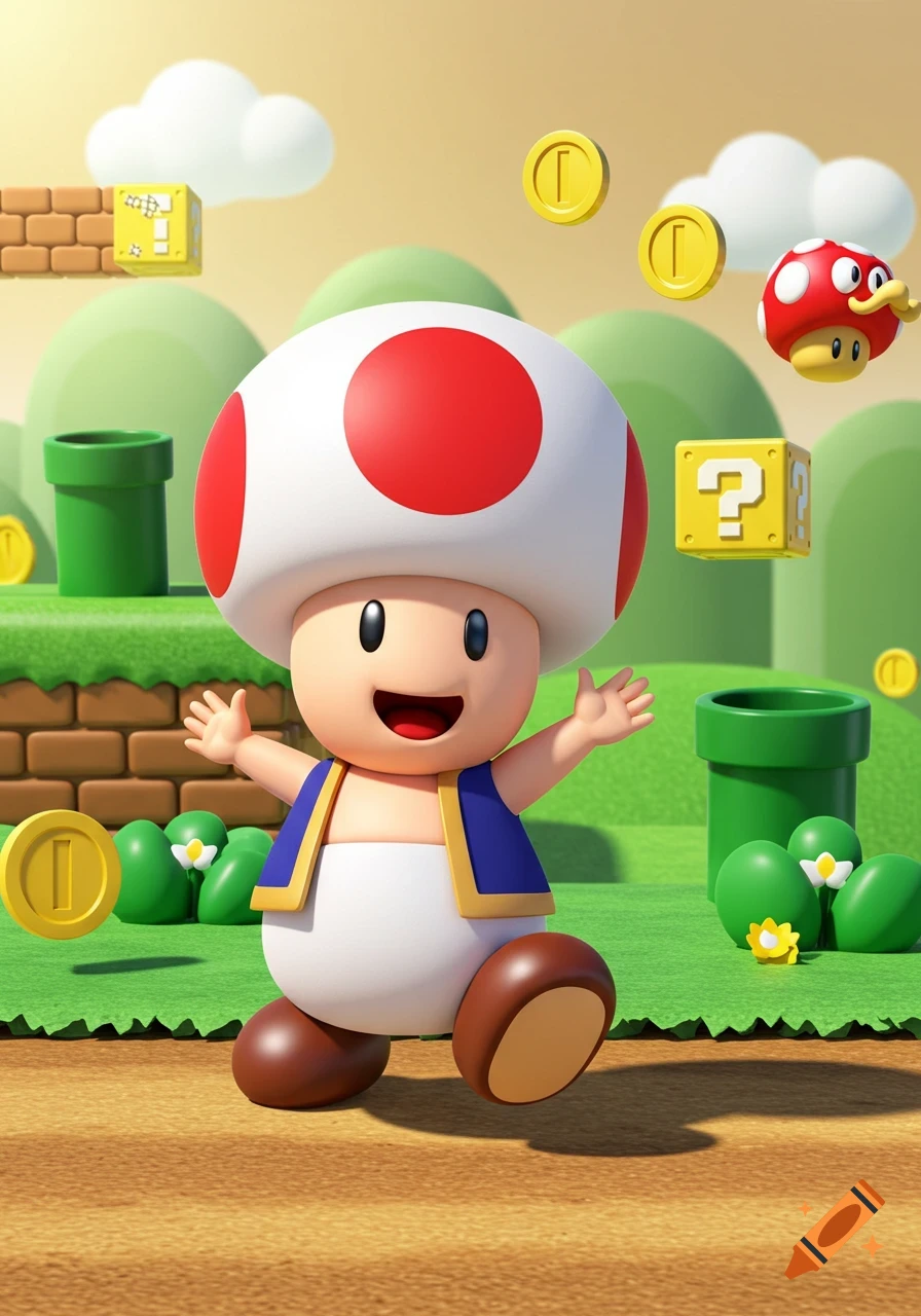 A happy Toad character runs in a vibrant Super Mario-style 3D landscape with coins and question blocks.
