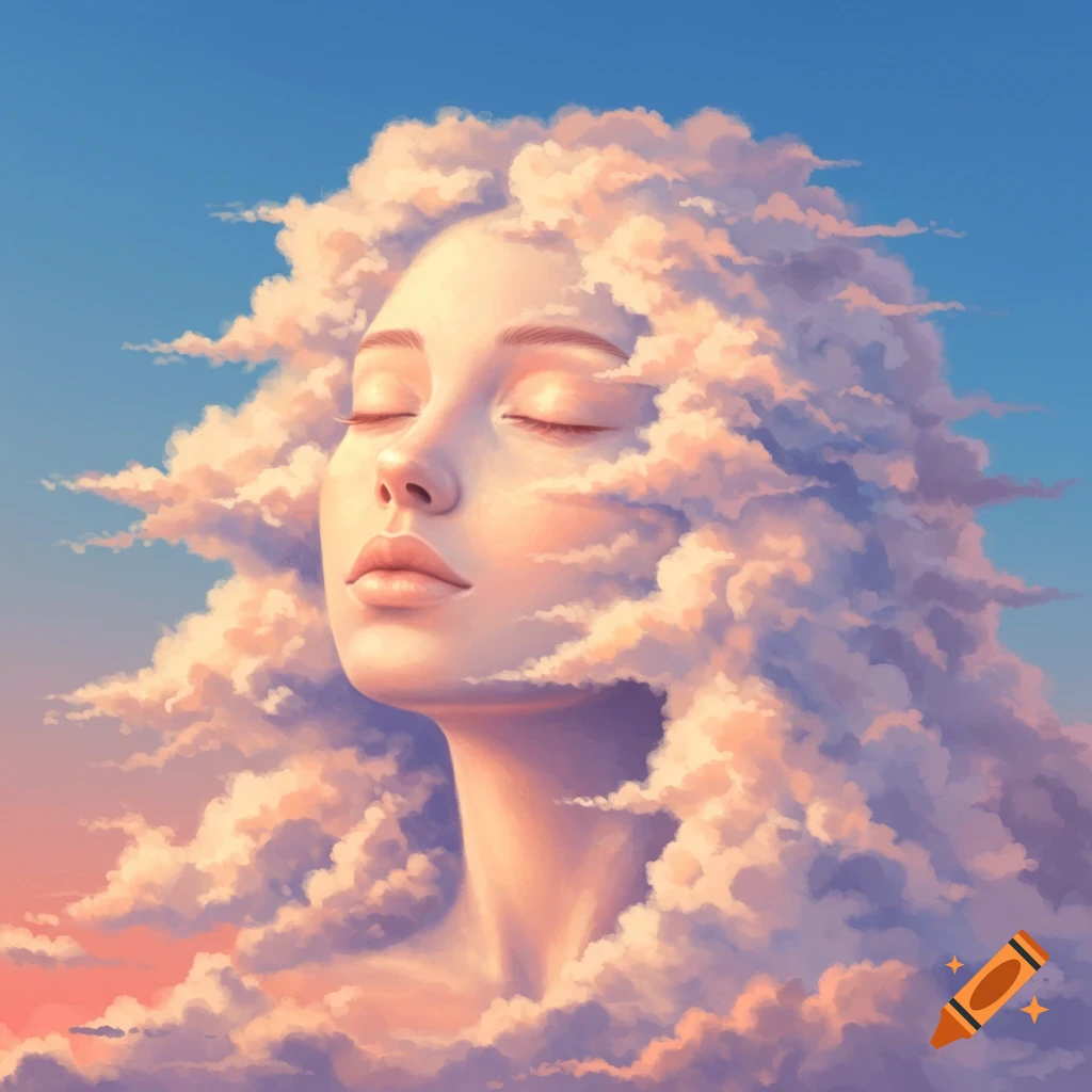 A serene woman's face and body formed from sunlit clouds against a blue sky, an artistic portrait.