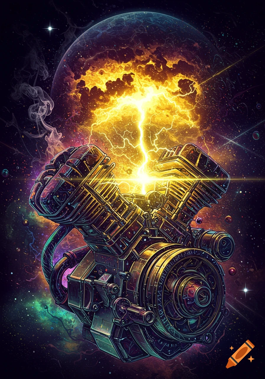 Detailed engine with glowing lightning in a cosmic, starry space, featuring a large planet in the background.