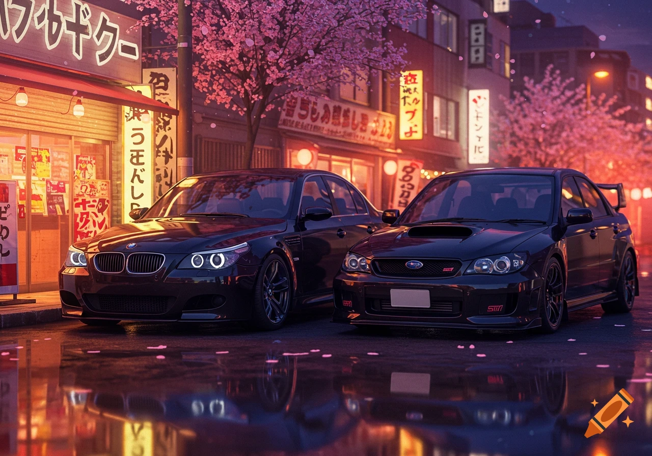 Two black cars, a BMW M5 E60 and a Subaru WRX STI, on a wet street in a neon-lit Japanese city with cherry blossoms, anime style.