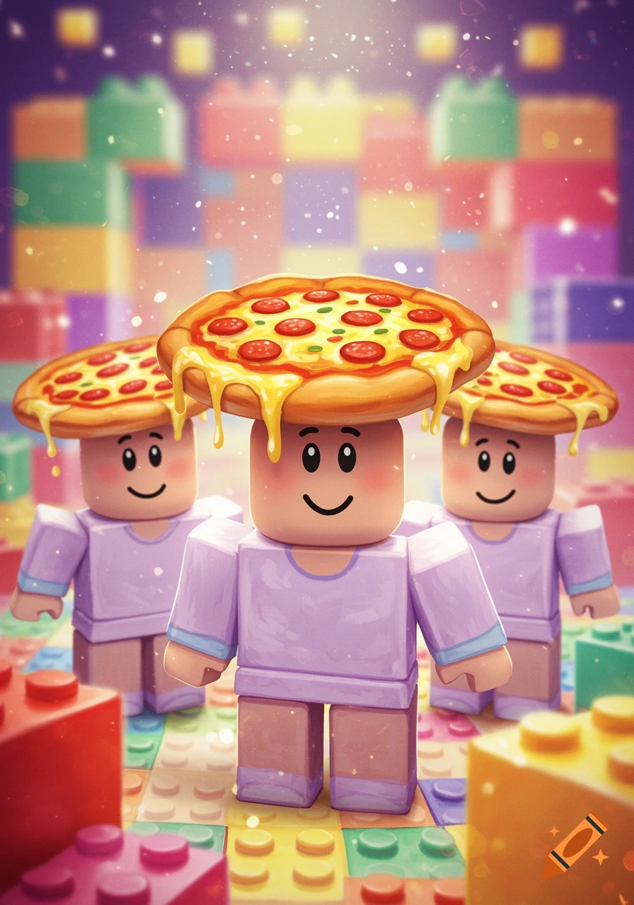 Three cute Roblox noob characters with pizzas on their heads in a vibrant, block-filled world, cartoon style.