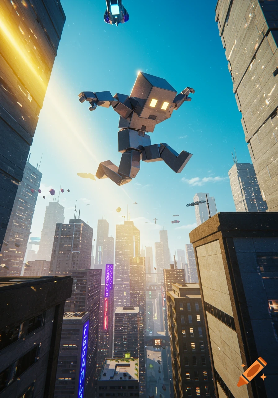 A blocky, cube-shaped character with glowing eyes leaps between tall, futuristic city skyscrapers under a bright blue sky, with a small spacecraft above.
