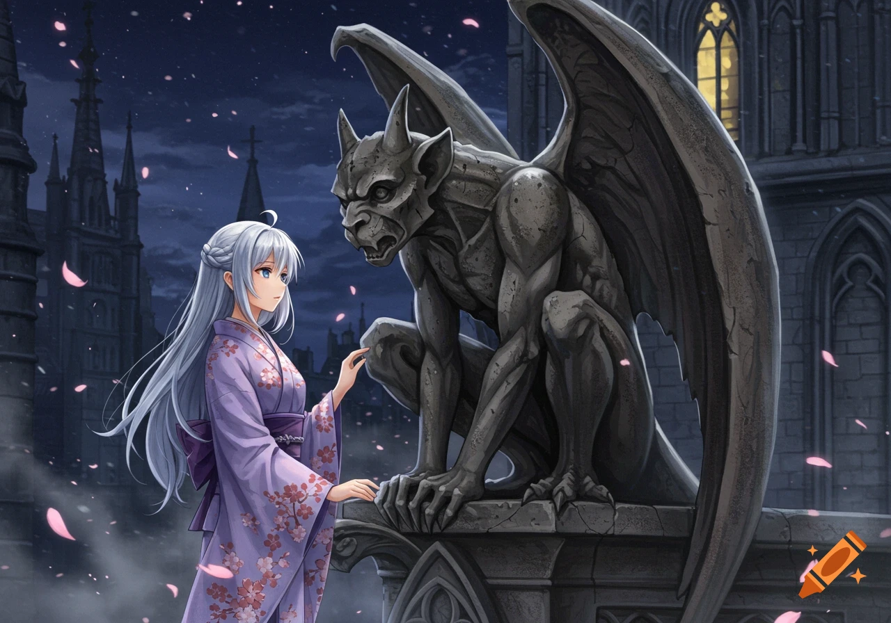 Anime girl in a purple kimono touches a gargoyle statue on a building at night as cherry blossoms fall.