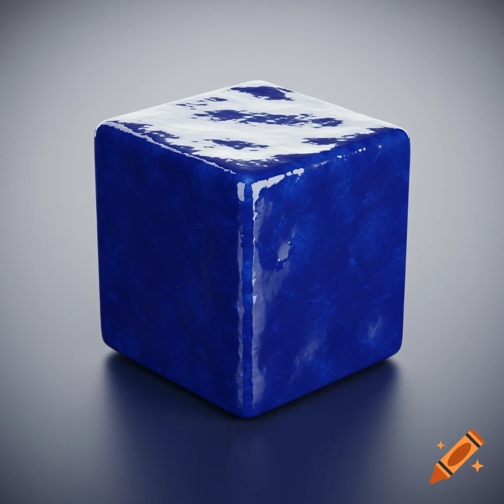 A shiny, dark blue cube with a textured, wet-looking surface sits on a reflective dark blue-gray surface.
