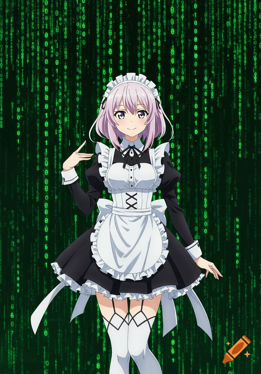 An anime maid with light purple hair in a black and white uniform smiles against a green digital matrix background.