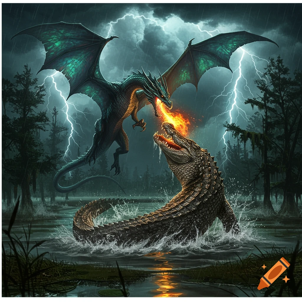 A green dragon breathes fire at a large alligator rearing out of the water in a stormy swamp under lightning-filled skies.