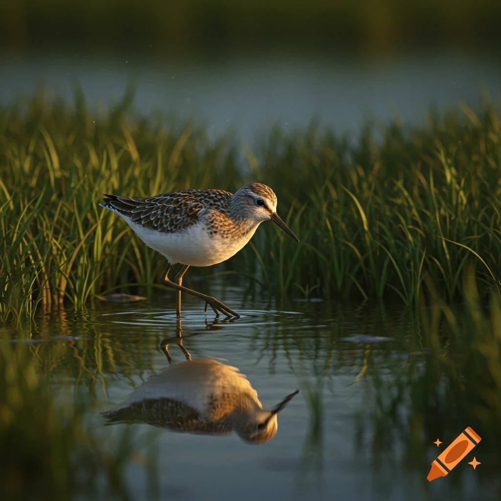 Photorealistic marsh sandpiper wading in shallow water with tall green grass, reflected on the surface.