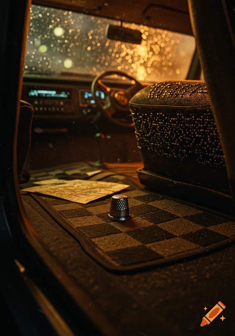 A close-up view inside a taxi cab at night, showing a silver thimble and a crumpled map on a dark floor mat, with rain-streaked windows in the background.