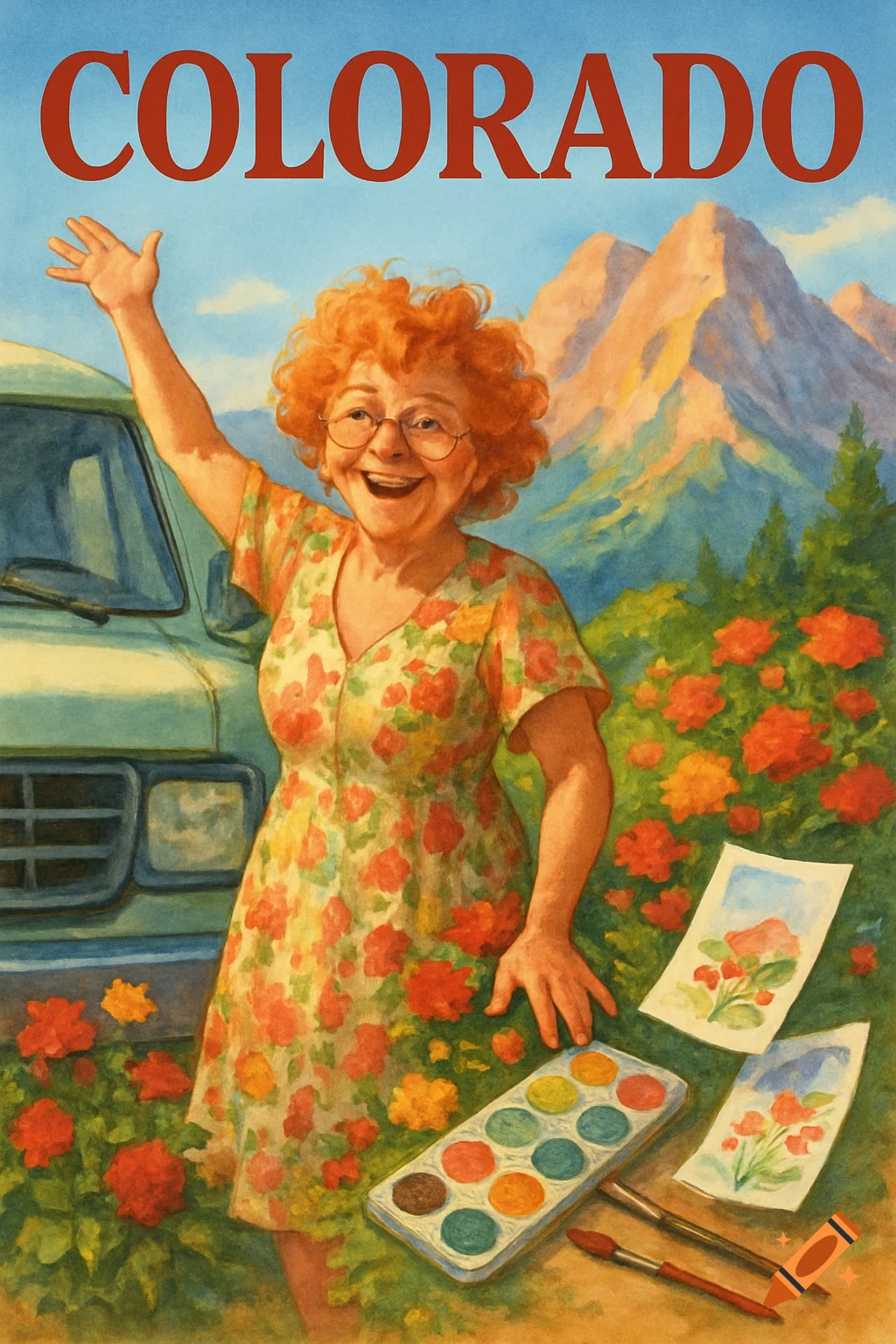 A smiling, curly red-haired woman waves next to a green van in a watercolor painting. Mountains, flowers, and art supplies are in the foreground, with "COLORADO" text at the top.