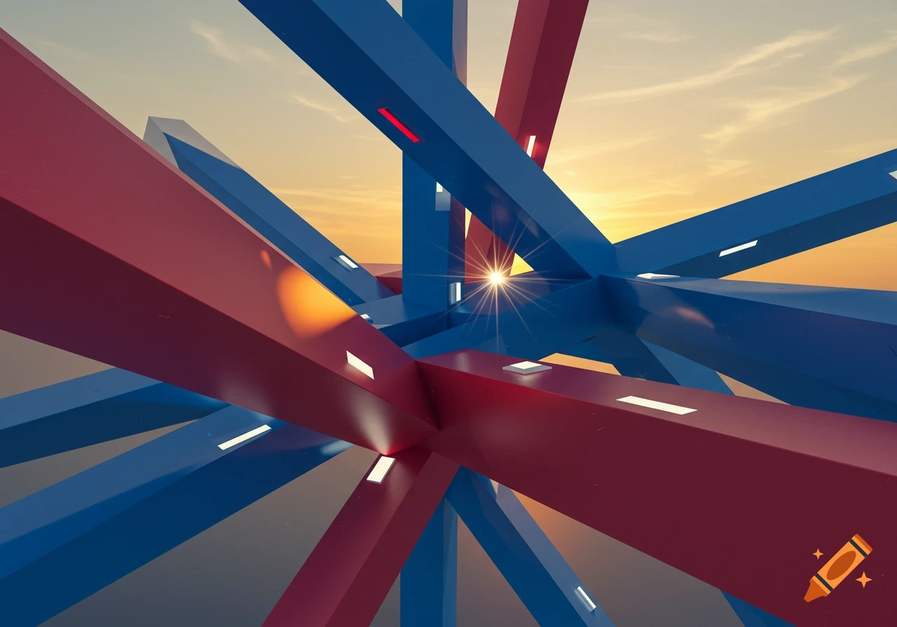 Abstract geometric structure of intersecting red and blue beams with small lights, against a warm sunset sky and lens flare.