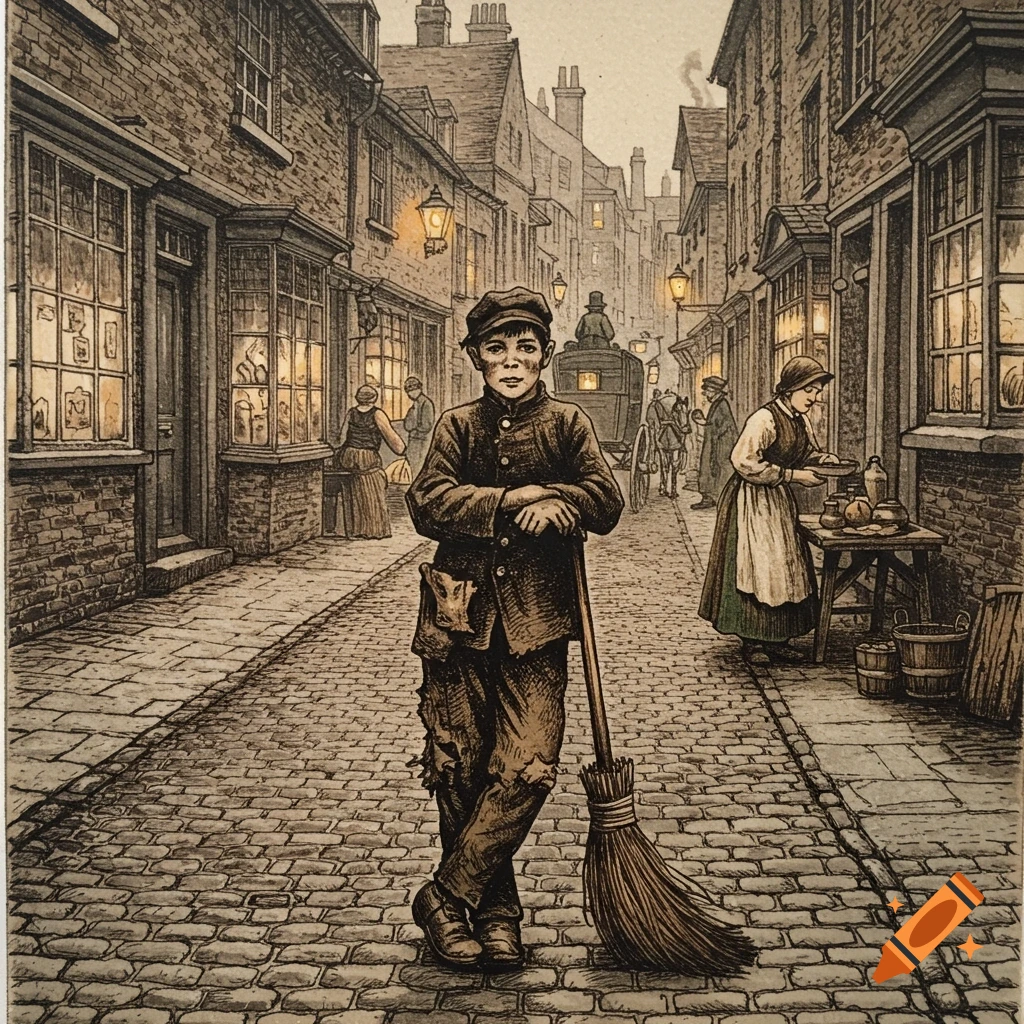 Sepia-toned drawing of a young boy with a broom in a bustling Victorian street scene, with brick buildings, lamps, and people.