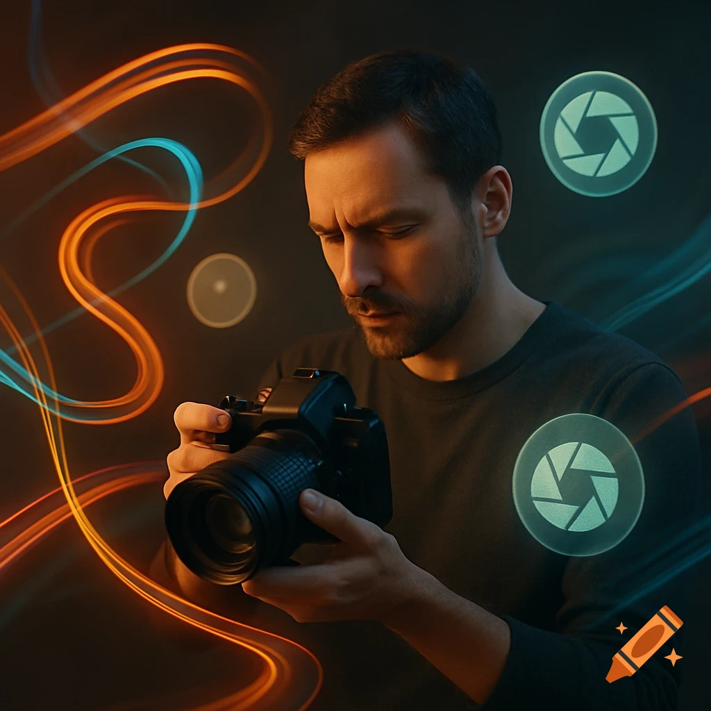 A man intently holds a camera, surrounded by dynamic orange and blue light trails and glowing aperture symbols. Photorealistic.