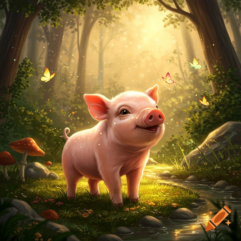 A smiling, cartoon piglet stands in a sunlit, magical forest with butterflies, mushrooms, and a stream.
