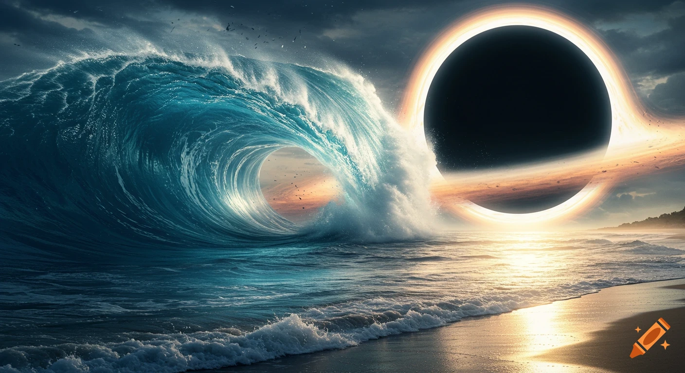 A massive, breaking tsunami wave on a beach with a glowing black hole in the sky sucking up water. Photorealistic.