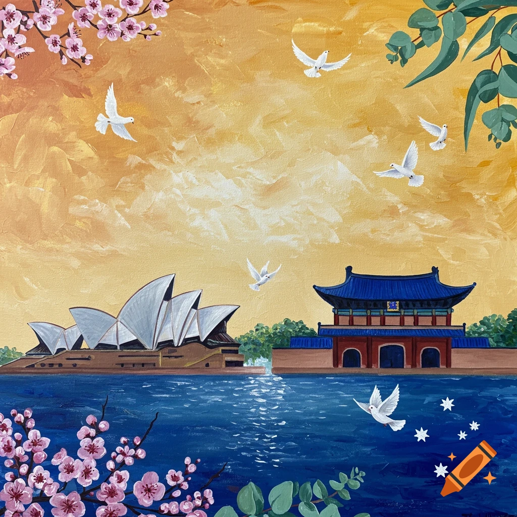 Acrylic painting of Sydney Opera House and a Korean palace across water, with white doves, cherry blossoms, and eucalyptus leaves, symbolizing harmony.