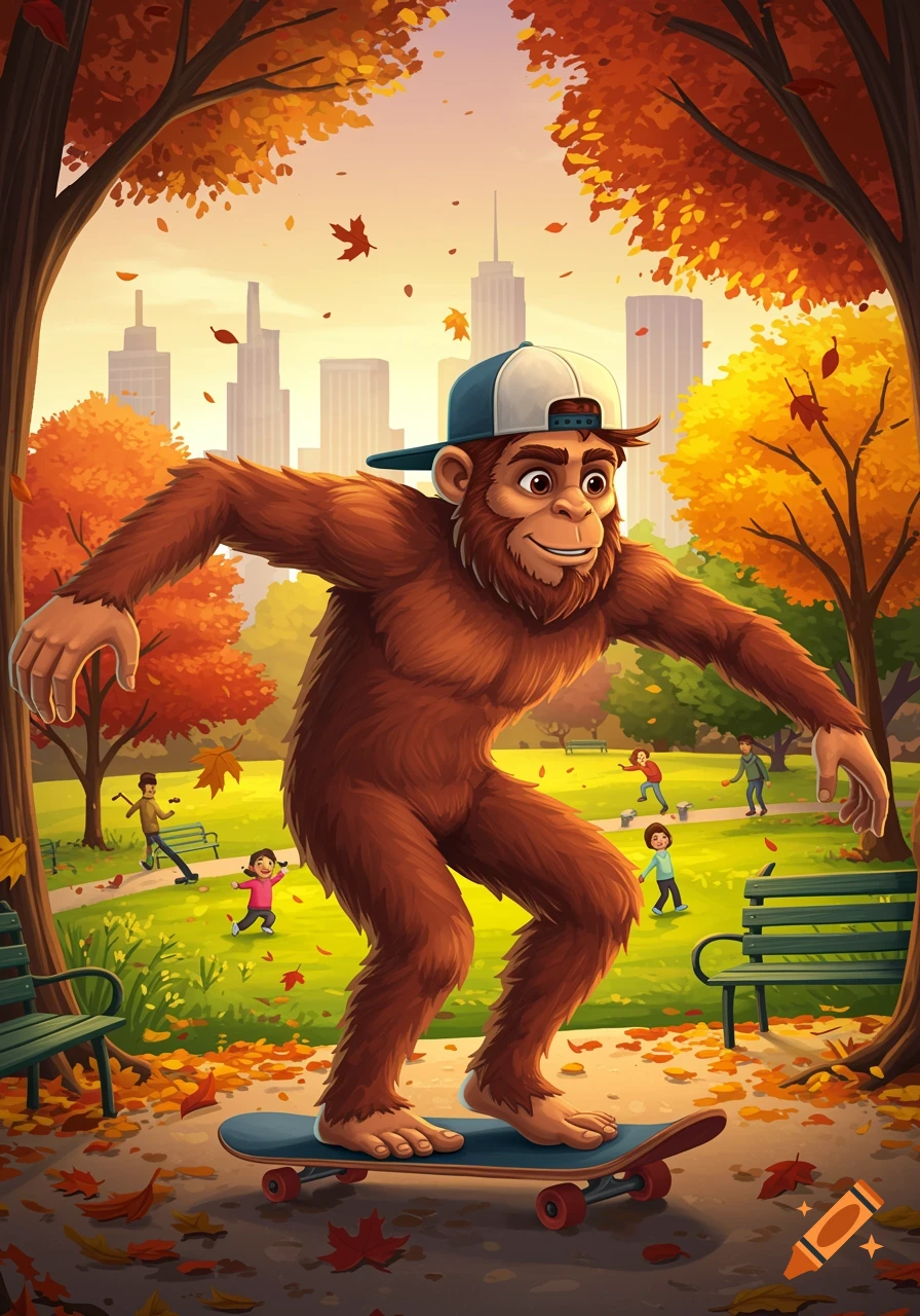 An illustrated young Sasquatch wearing a baseball cap skateboards through an autumn park with city buildings in the background.