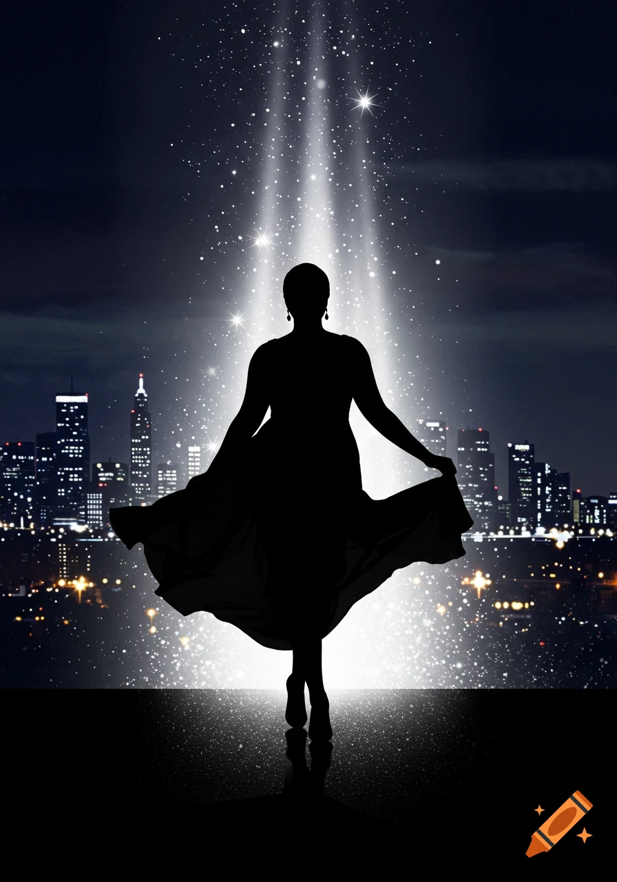 Silhouette of a woman in a flowing dress standing under a sparkling light beam with a city skyline at night.