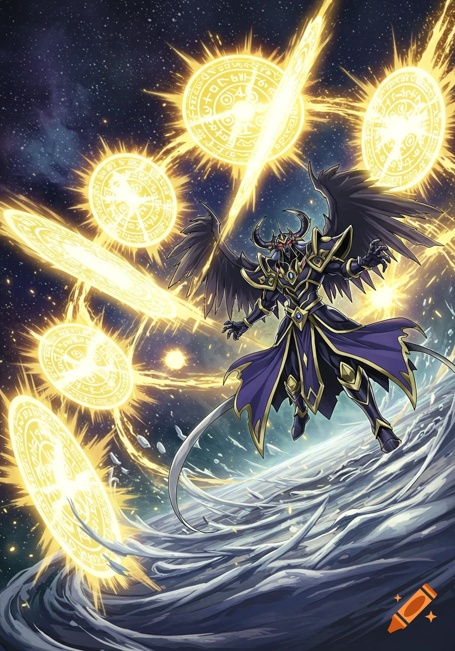 An anime-style dark warrior with wings and horns, wearing armor and a flowing purple robe, floats in space amidst glowing magical portals and light blades, in a vortex of energy.