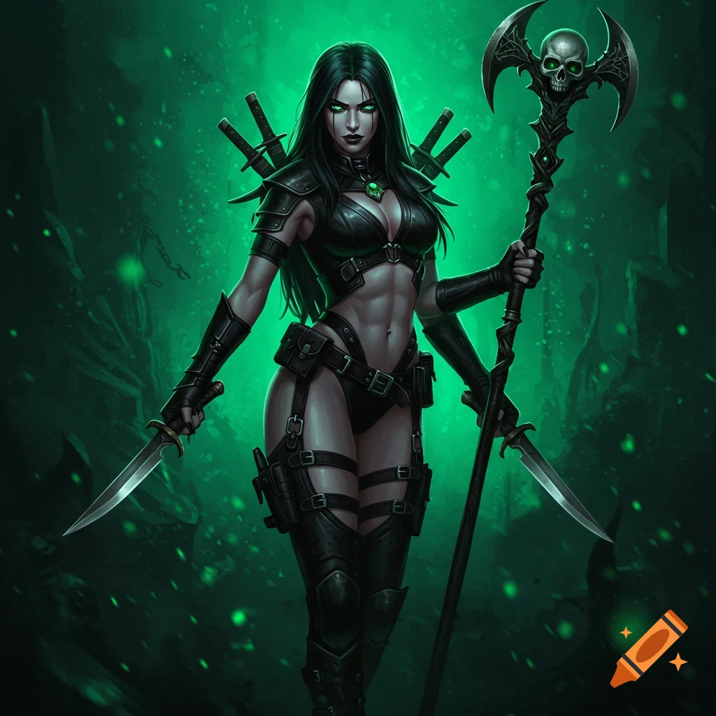 A dark fantasy warrior woman with black hair, green eyes, black leather armor, holding daggers and a skull staff.