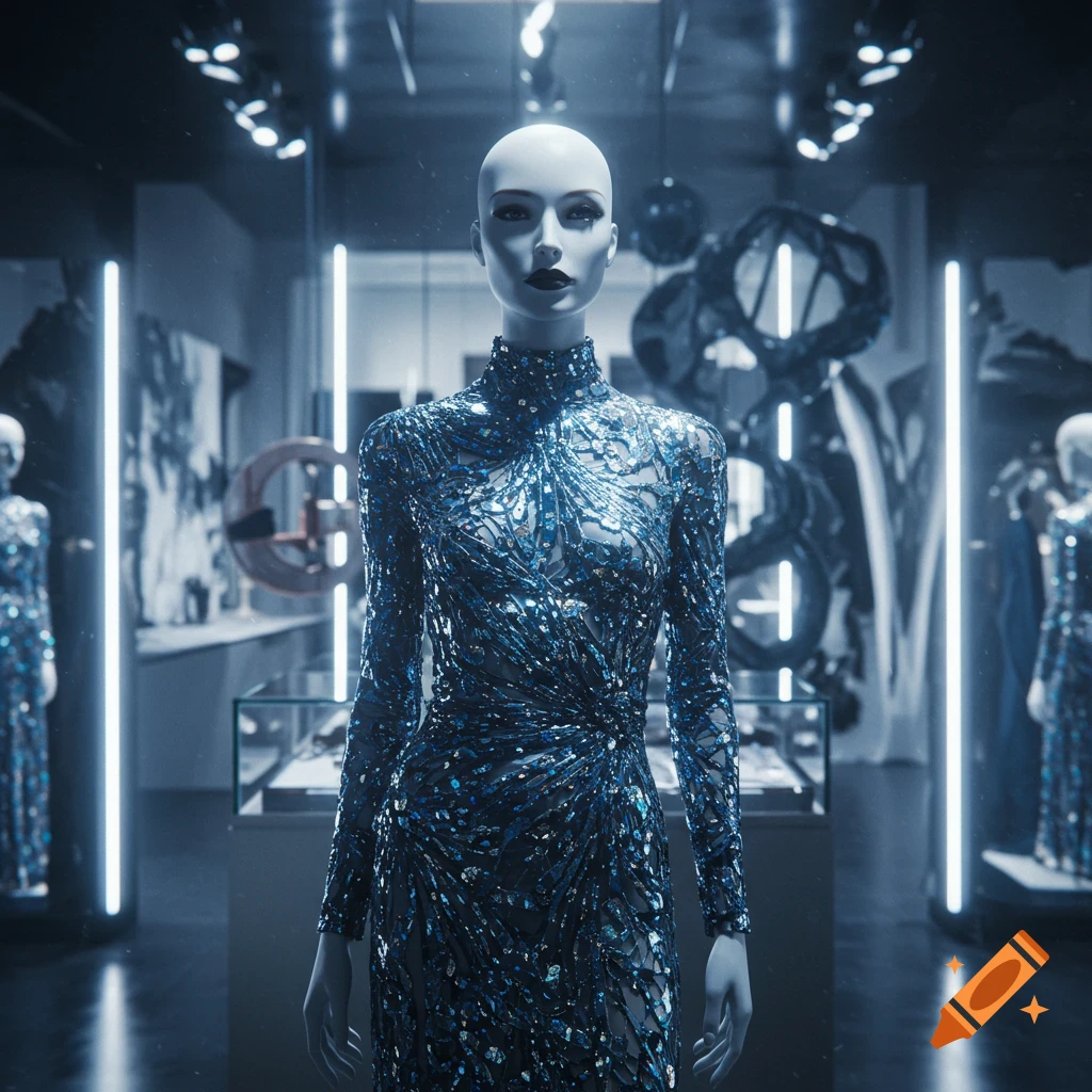 Bald mannequin in a shimmering blue dress standing in a dark, futuristic display room with vertical lights.