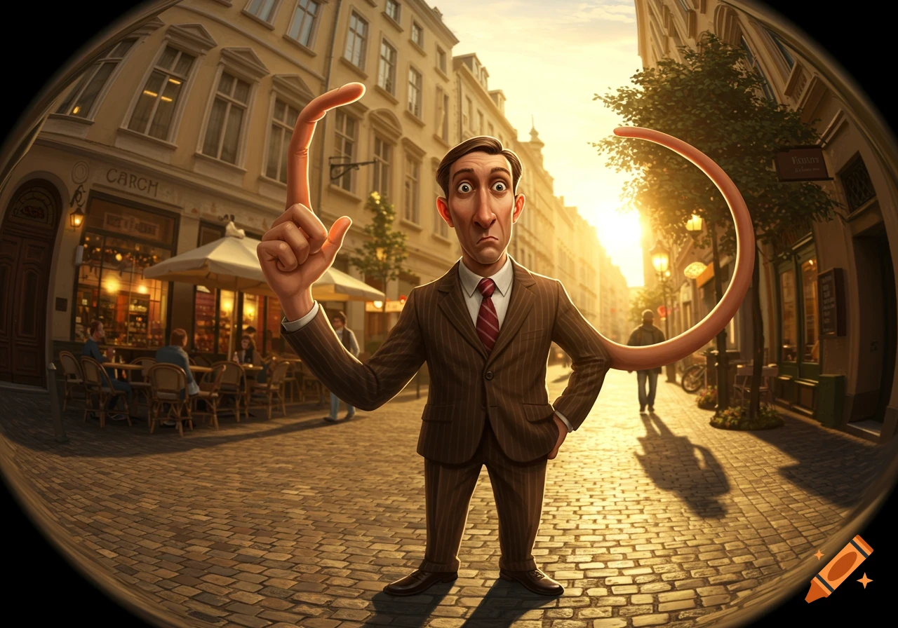 A cartoon man in a brown pinstripe suit stands on a cobblestone street with extremely long, bendy arms. One arm points skyward, the other curves behind him. He has wide eyes and a long nose. A European-style city street with shops at sunset forms the background, rendered with a fisheye lens effect.