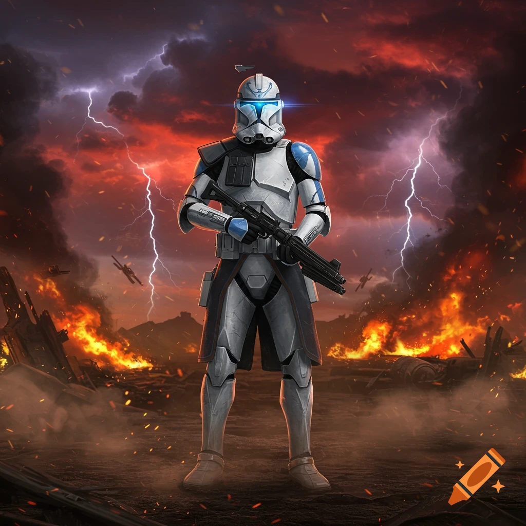 Armored Star Wars Clone Trooper with a rifle stands in a fiery, storm-ridden battlefield under a red, lightning-filled sky.