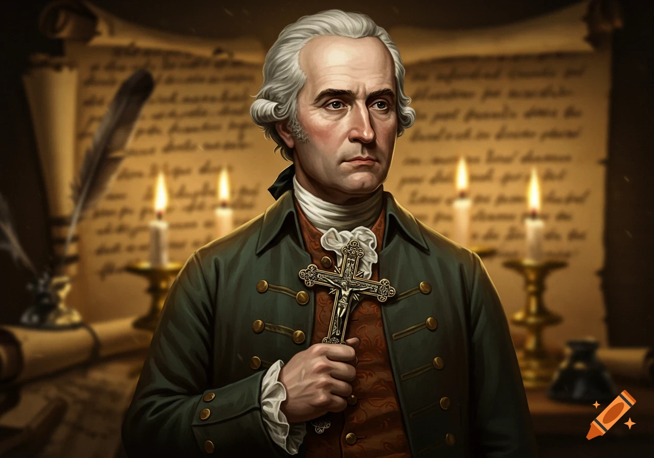 Photorealistic portrait of an 18th-century man with a white wig and green coat, holding a crucifix, against a background of blurred documents and candles.