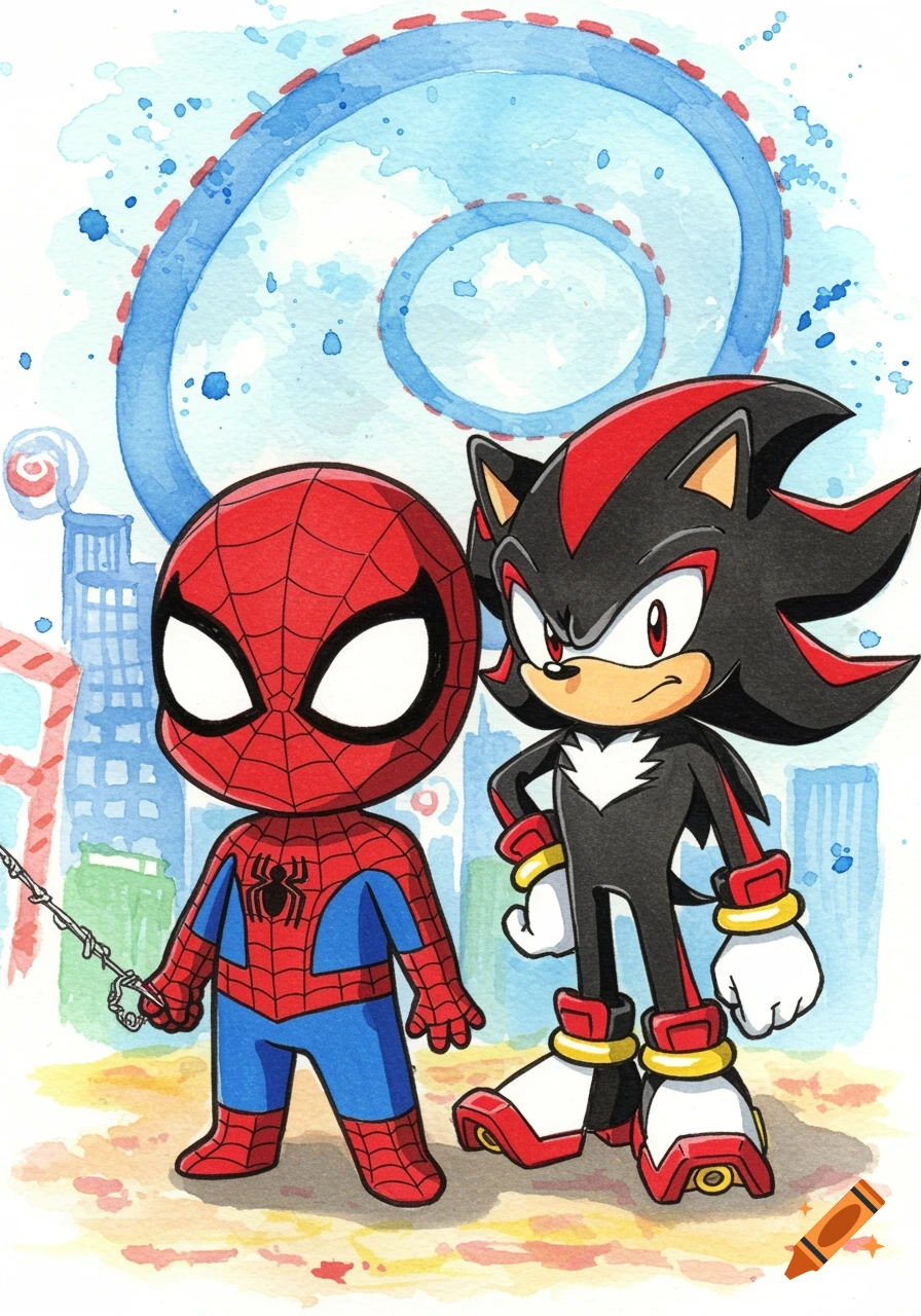 Watercolor illustration of chibi Spider-Man and Shadow the Hedgehog standing together against a city skyline.