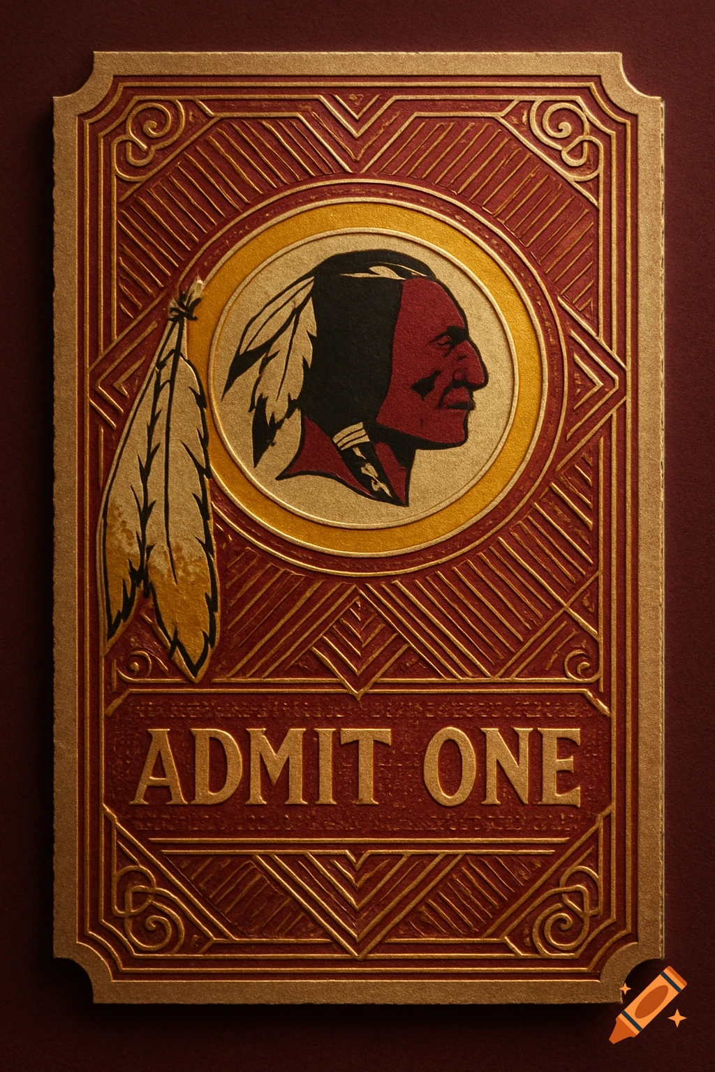 Ornate vintage-style 'Admit One' ticket with a Washington Redskins logo, featuring a profile of a Native American man in gold and red embossed design.