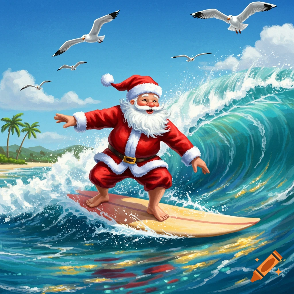 A cheerful Santa Claus surfs a large blue wave on a tropical beach, with palm trees and seagulls under a bright blue sky, in a vibrant cartoon style.