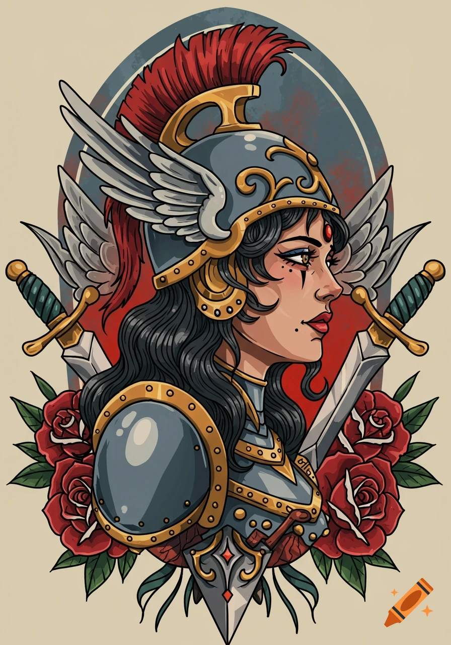 Woman in winged helmet and armor in American traditional tattoo style, profile with swords and roses.