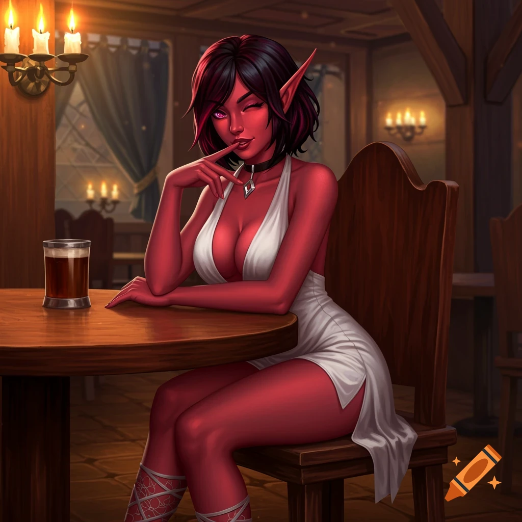 A red-skinned female elf with dark hair, winking and holding a finger to her lips, sits at a tavern table in a low-cut white dress.