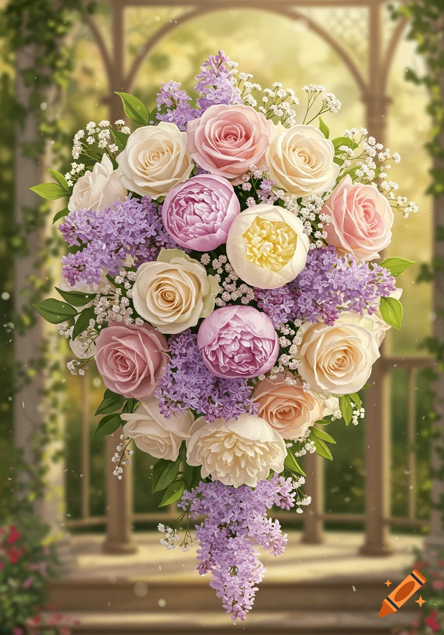A beautiful bouquet of pink, white, and purple roses, peonies, and lilacs in a soft, sunlit garden setting.