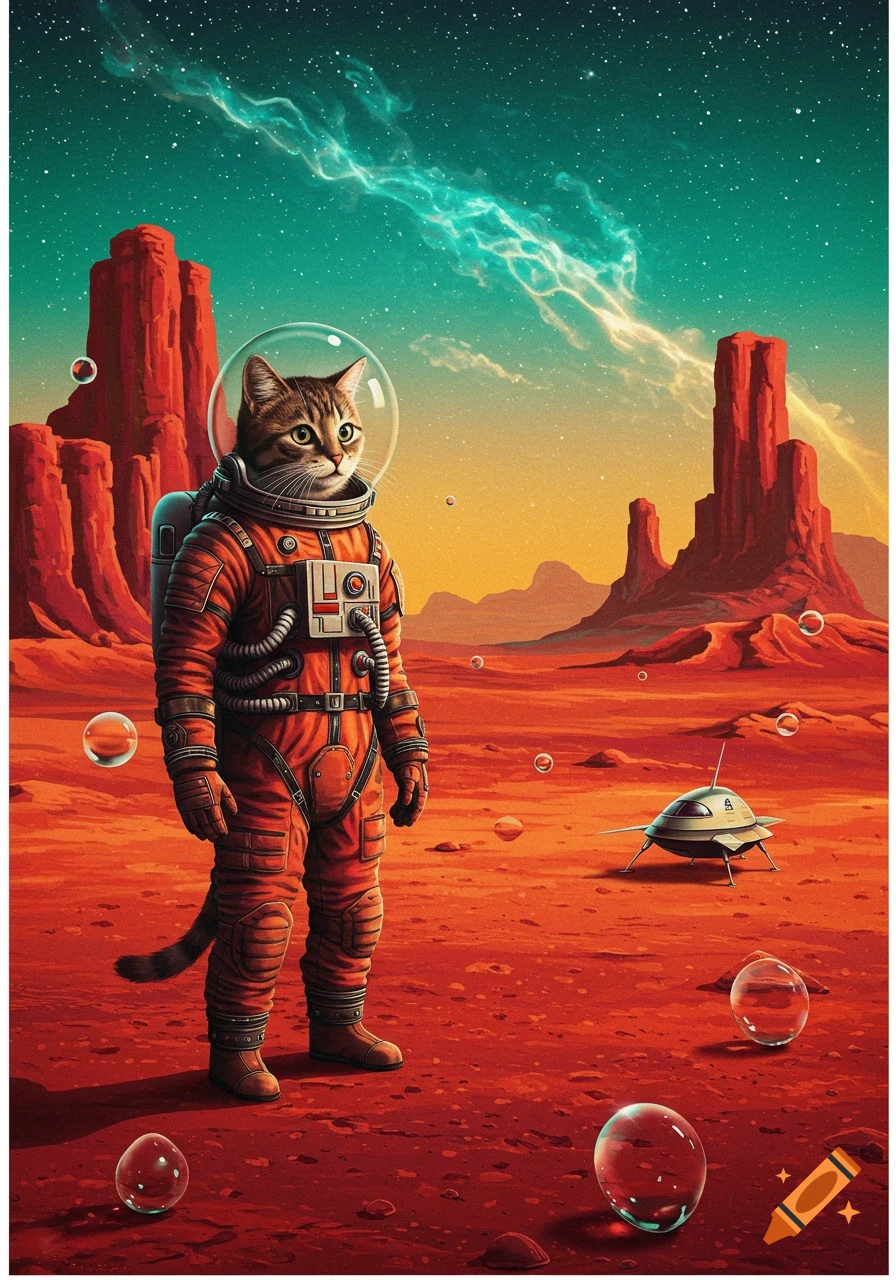 A cat astronaut in an orange suit stands on the red Martian landscape with towering rock formations, a flying saucer, and a vibrant green sky, in a retro-futuristic style.